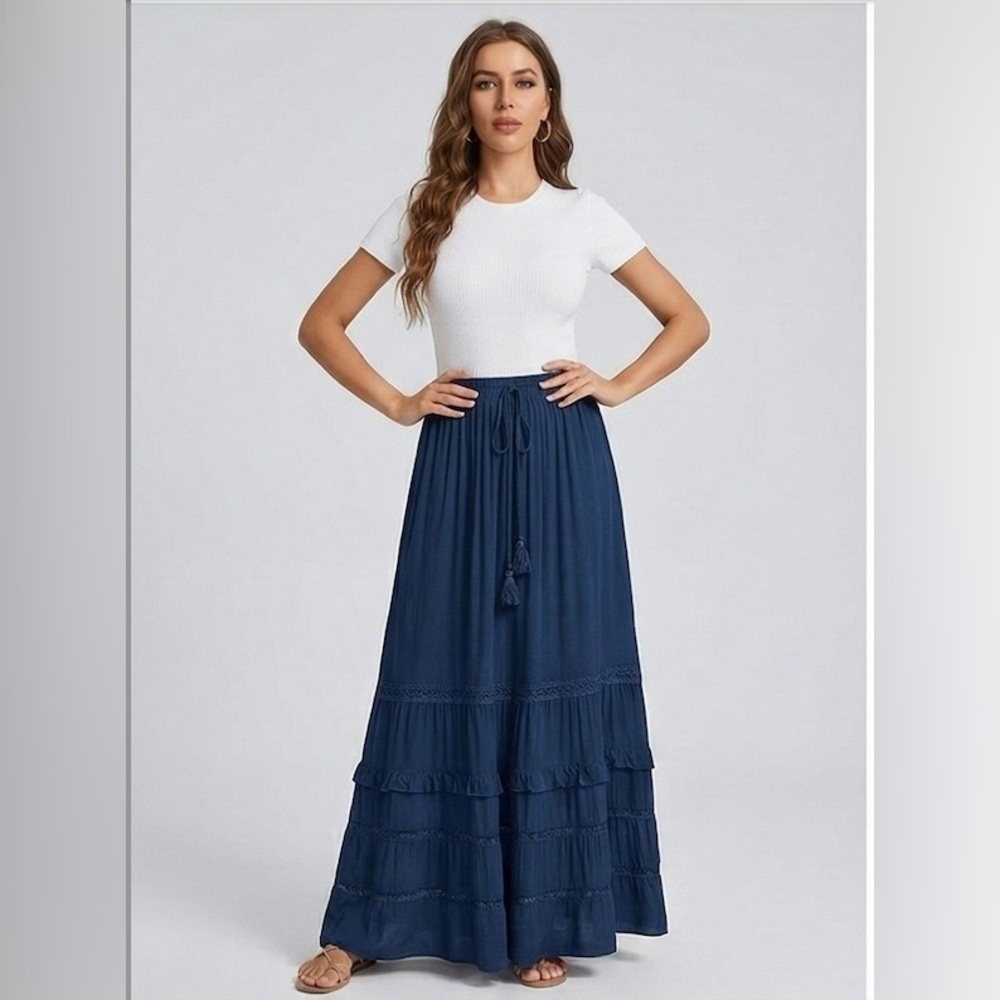 Navy Blue Boho Tiered Maxi Skirt with Tiered Layers